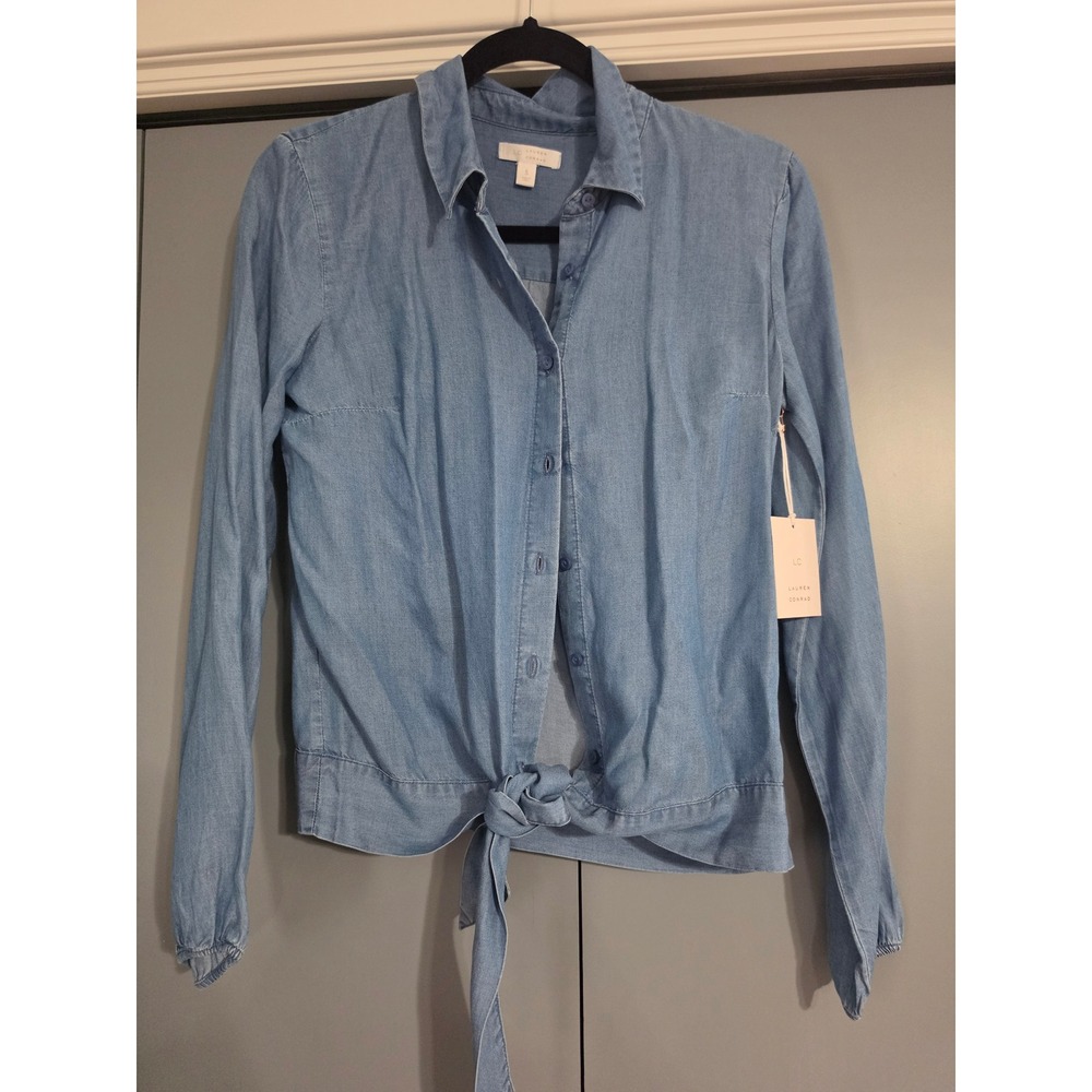 LC Lauren Conrad Chambray Shirt Womens Small Blue NWT Tie Front Long Sleeve